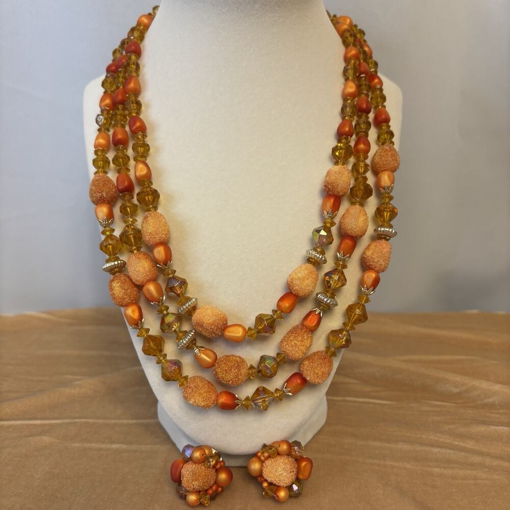 Vtg Hong Kong Necklace Earring Set Orange Sugar Bead